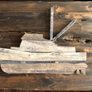 One of my sons collected driftwood at our harbor, Lake Pepin (Upper Mississippi River). He found a Graving plan of our Grand Banks36 & using driftwood