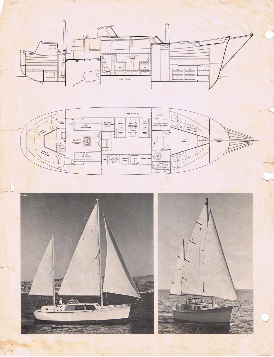 Vega 36 Motor Sailor layout, plan and sail rig photos from 1963 brochure. Price of Spartan V, FOB Costa Mesa CA in 1963 was $48,000. A new Chrysler Ne